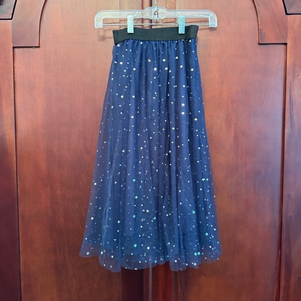Children's Starlit Midnight Blue Maxi Skirt Star Sequin Tulle Skirt 10" waist